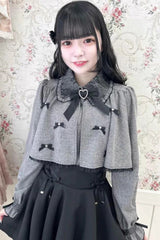 Grey Lapel Collar Long Sleeves Bowknot Sweet Japanese Jirai Kei Blouse Coat - Product - 2