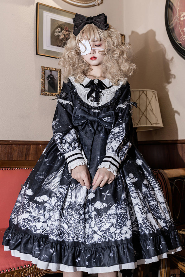 Black [Castle Night] Print Long Sleeves Ruffle Bowknot Gothic Lolita Dress - Product - 3