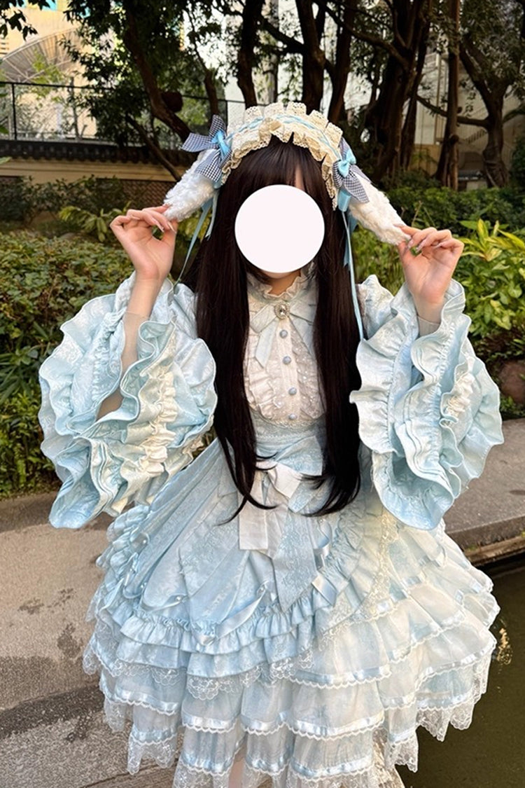 Blue [The Soloist Doll] Long Hime Sleeves Multi-Layered Print Ruffle Bowknot Asymmetric Sweet Lolita Dress - Product - 17
