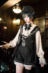 Black [Rabbit-Ear Meteorite] Stand Collar Long Sleeves Ruffled Embroidered Bow Gothic Ouji Lolita Shorts Vest Set - Product - 4