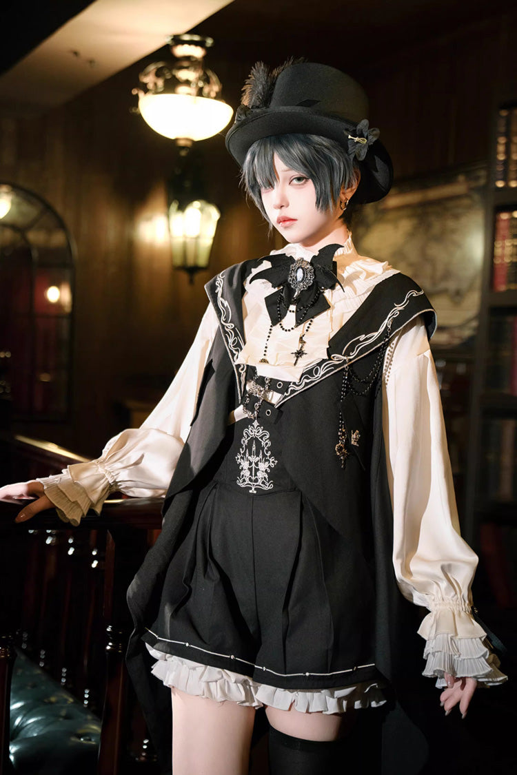 Black [Rabbit-Ear Meteorite] Stand Collar Long Sleeves Ruffled Embroidered Bow Gothic Ouji Lolita Shorts Vest Set - Product - 4