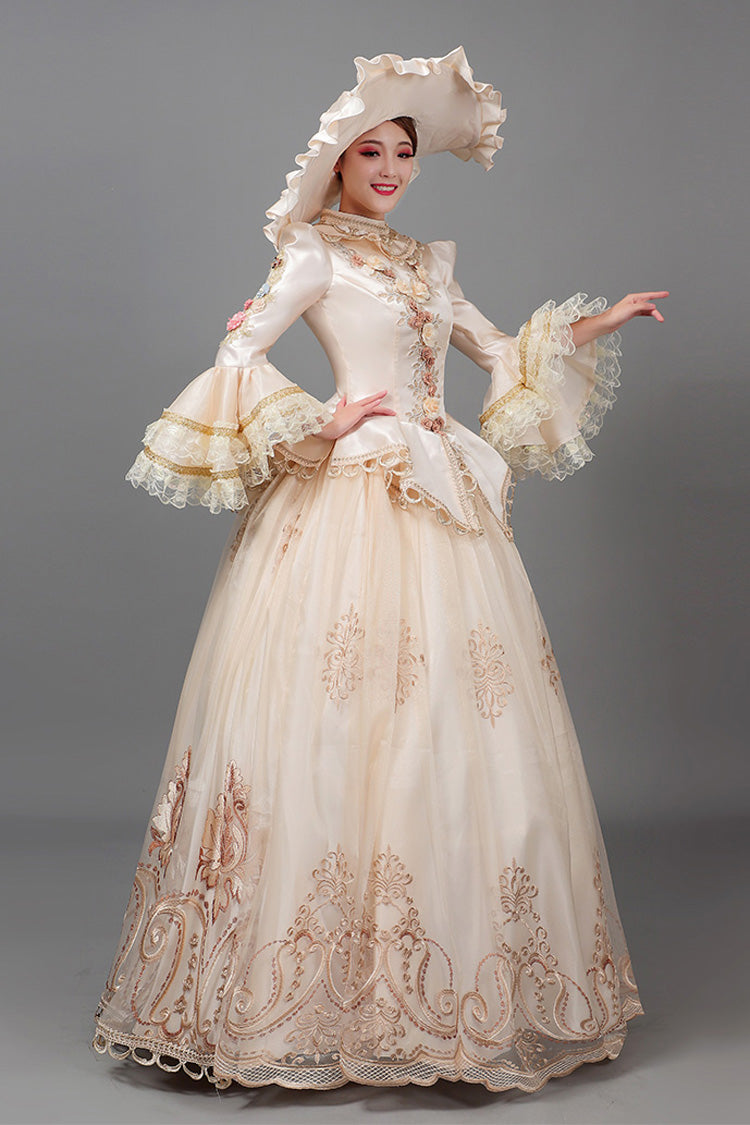 Champagne Court Style High Waisted Long Sleeves Floral Decorative Print Victorian Lolita Prom Dress - Product - 6
