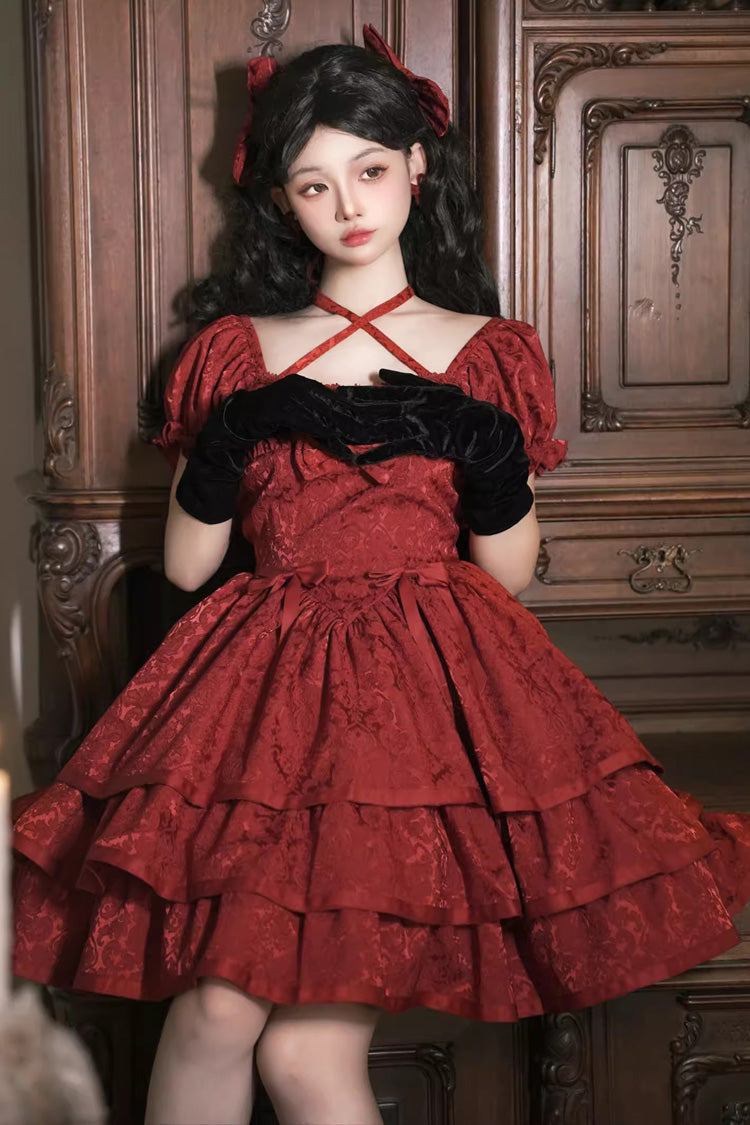 Red Thorn Rose Short Sleeves Multi-layer Ruffle Bowknot Gothic Princess Lolita Dress - Product - 3