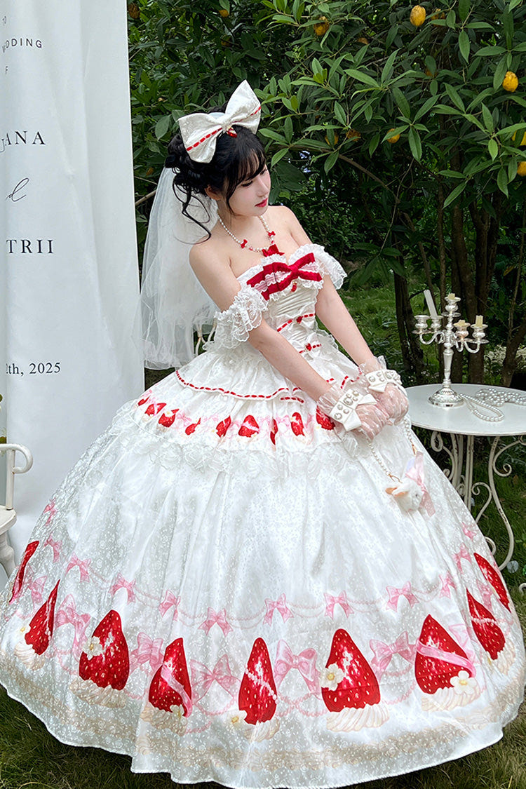 ホワイト [True Love Strawberry] プリント オフショルダー ノースリーブ フリル リボン レース スウィートプリンセスロリータ ワンピースセット 商品画像