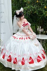 White [True Love Strawberry] Print Off Shoulder Sleeveless Ruffle Bowknot Lace Sweet Princess Lolita Dress Set - Product - 6