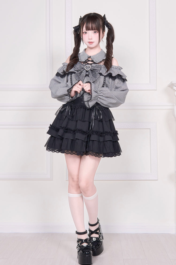 Jirai Kei Off Shoulder Long Sleeves Print Bowknot Lace-Up Sweet Japanese Blouse 3 Colors - Product - 9