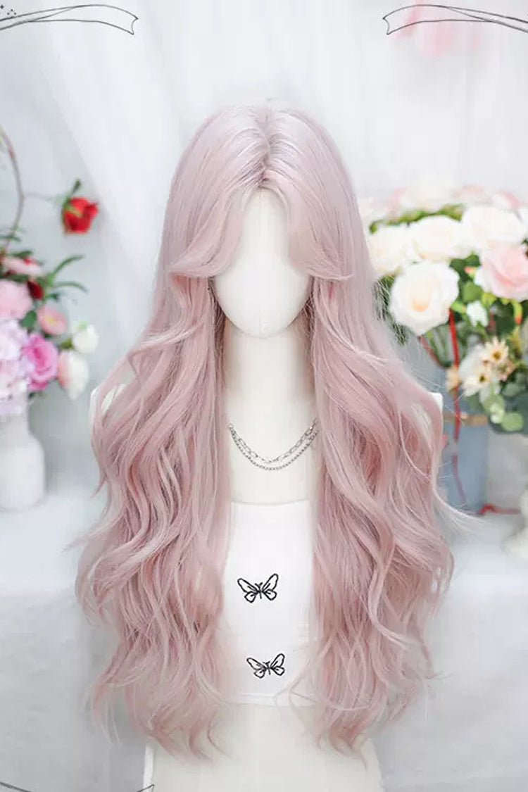 Pink Split In The Middle Sweet Lolita Long Curly Wigs - Pink - 1
