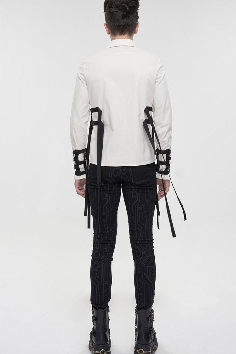 White Punk Nylon Strap Metal Buckle Decoration Long Sleeve Elasticity Thick Men's Shirt - Product - 9