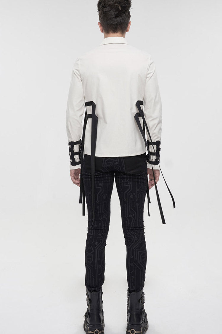 White Punk Nylon Strap Metal Buckle Decoration Long Sleeve Elasticity Thick Men's Shirt - Product - 9