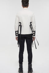 White Punk Nylon Strap Metal Buckle Decoration Long Sleeve Elasticity Thick Men's Shirt - Product - 9