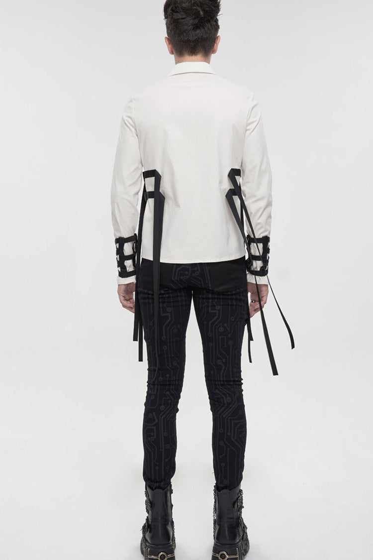 White Punk Nylon Strap Metal Buckle Decoration Long Sleeve Elasticity Thick Men's Shirt - Product - 9