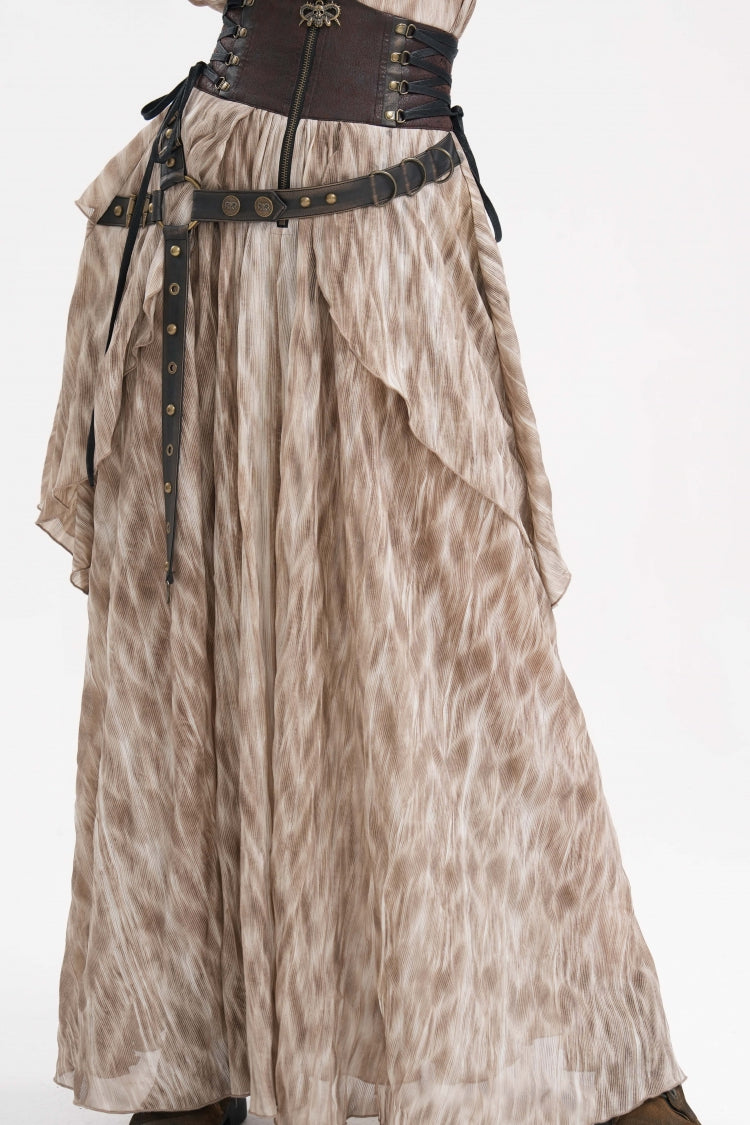 Apricot Ruffle Lace-Up Women's Gothic Eyelets Rivets Long Skirt - Apricot - 1
