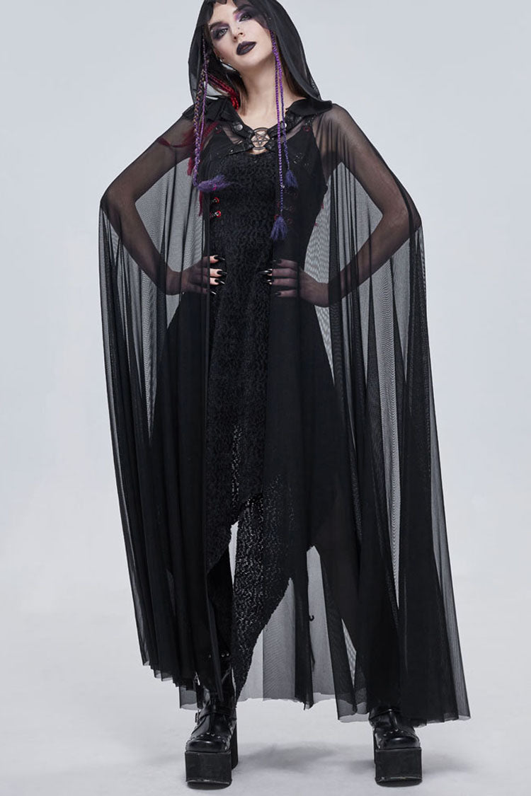 Black Punk Cross Leather Straps On Chest Design Metal Five-Pointed Star Decoration Long Hooded Women's Cape - Product - 3