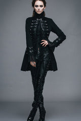 Black Floral Flocking Leather Loops Stand Collar Poncho Womens Gothic Coat - Product - 5