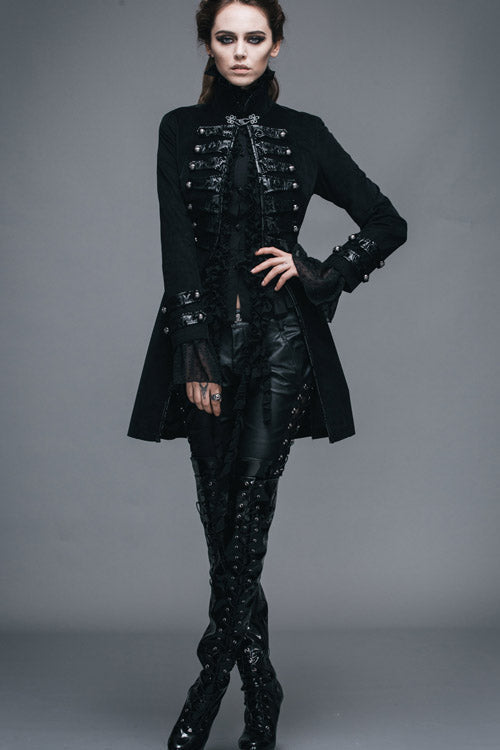 Black Floral Flocking Leather Loops Stand Collar Poncho Womens Gothic Coat - Product - 5