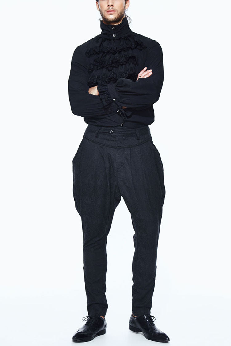 Black Oversize Jacquard Pattern Ribbons Snap Fastener Men's Gothic Pants - Black - 2