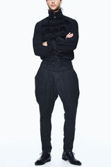 Black Oversize Jacquard Pattern Ribbons Snap Fastener Men's Gothic Pants - Black - 2