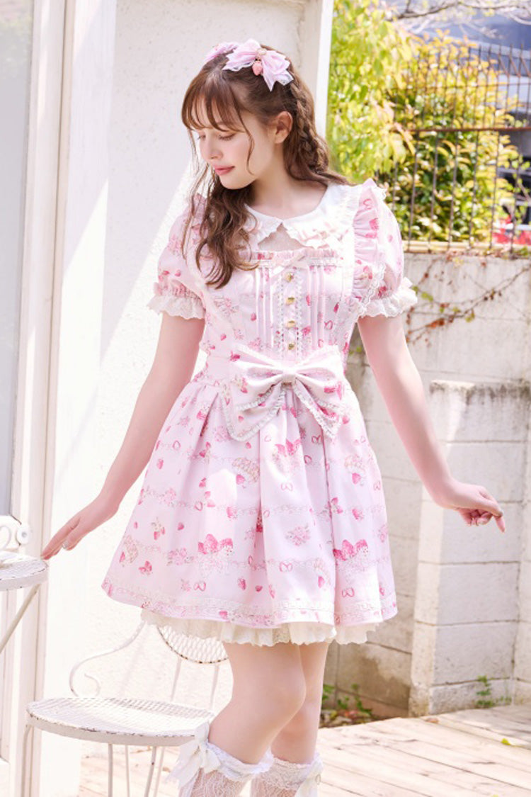 Pink [Creamy Berry] Print Short Puff Sleeves Ruffle Bowknot Lace-Up Sweet Jirai Kei Japanese Dress - Pink - 1