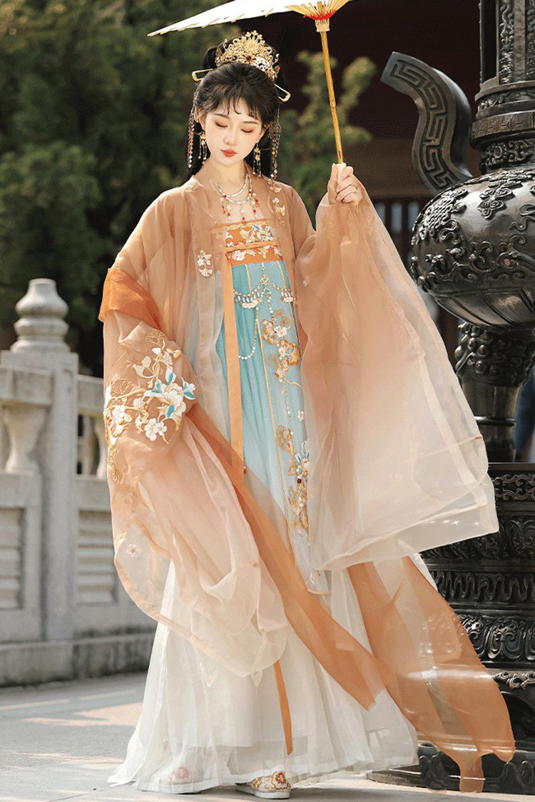 Orange [Cloud Brocade And Spring Splendor] High Waisted Embroidered Women's Classic Luxurious Hanfu Dress Set - Product - 3
