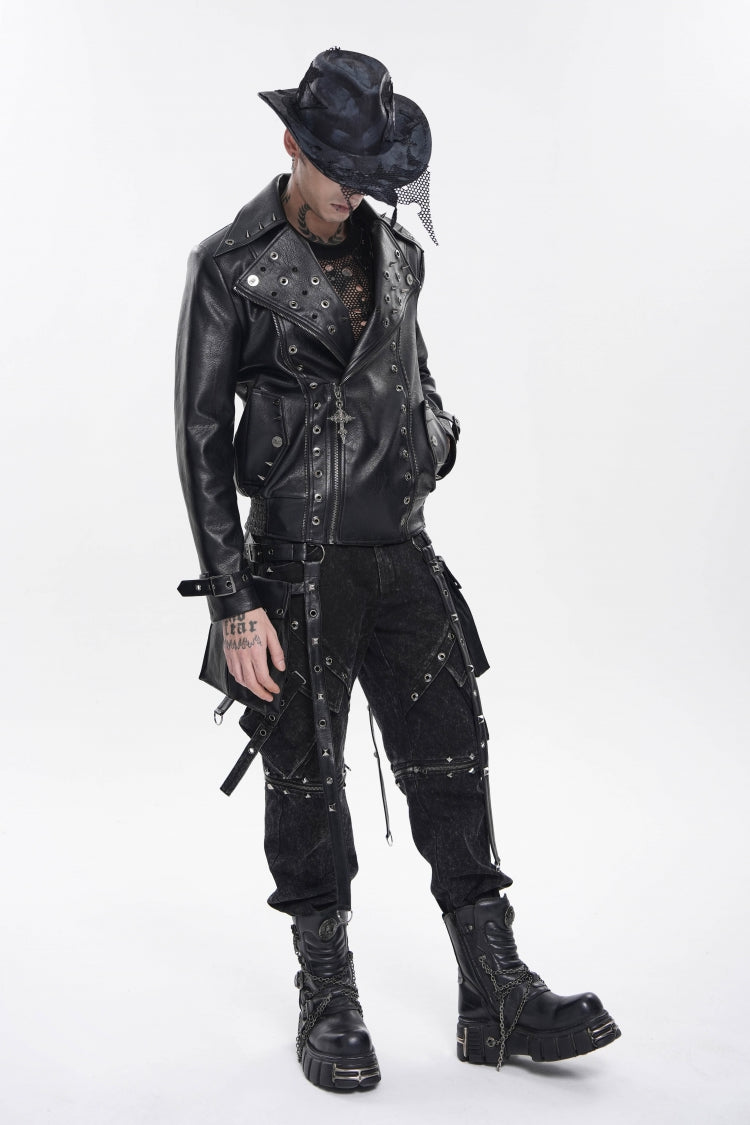 Black Lapel Collar Long Sleeves Studded Buckled Zippered Eyelet Women's Punk Jacket - Product - 6