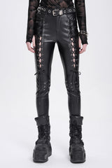 Black Lace-Up Ripped Rivet Women's Punk Pants - Black - 1