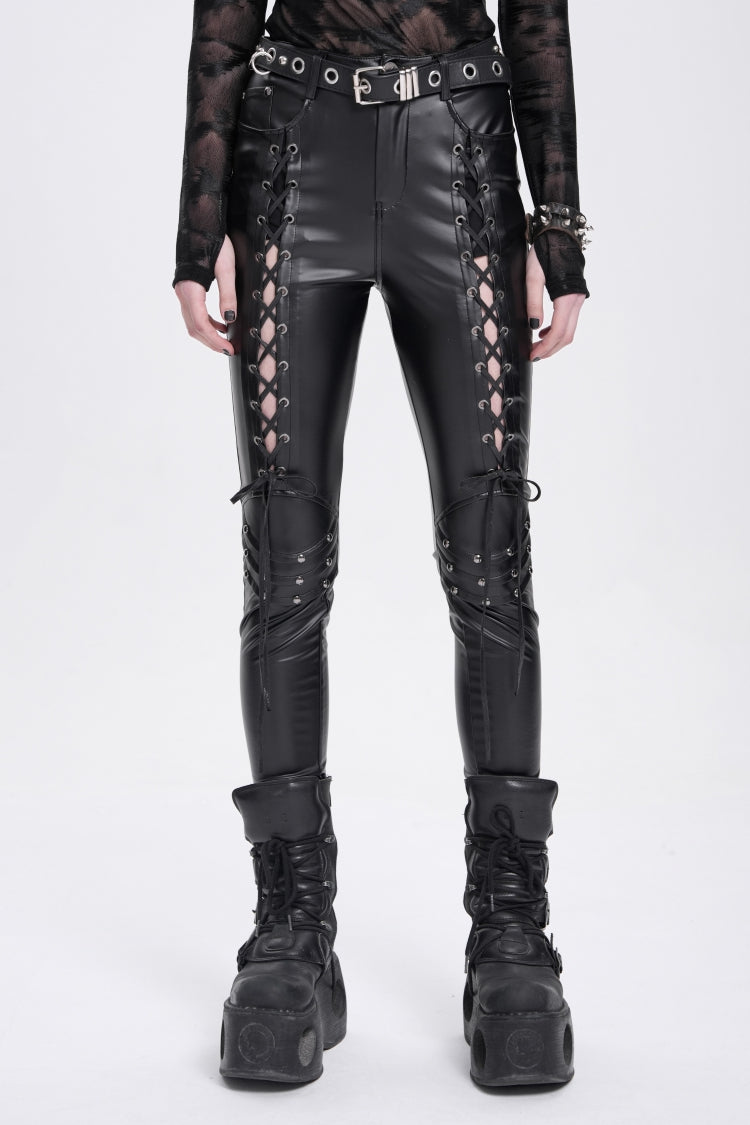 Black Lace-Up Ripped Rivet Women's Punk Pants - Black - 1