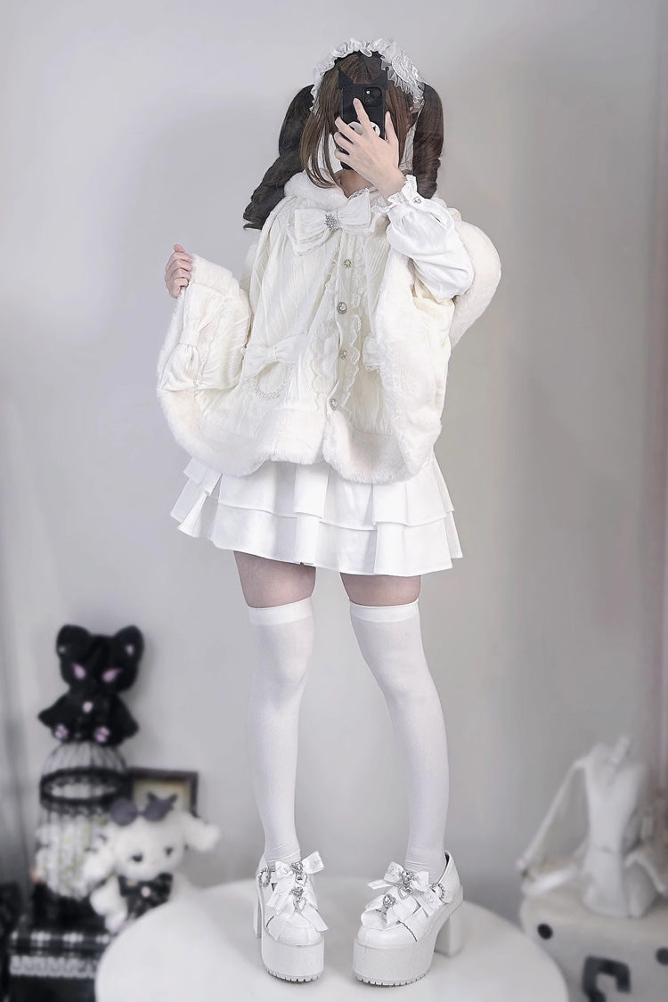 Rabbit Ears Hooded Single Breasted Bowknot Sweet Lolita Cloak Coat 2 Colors - Product - 10