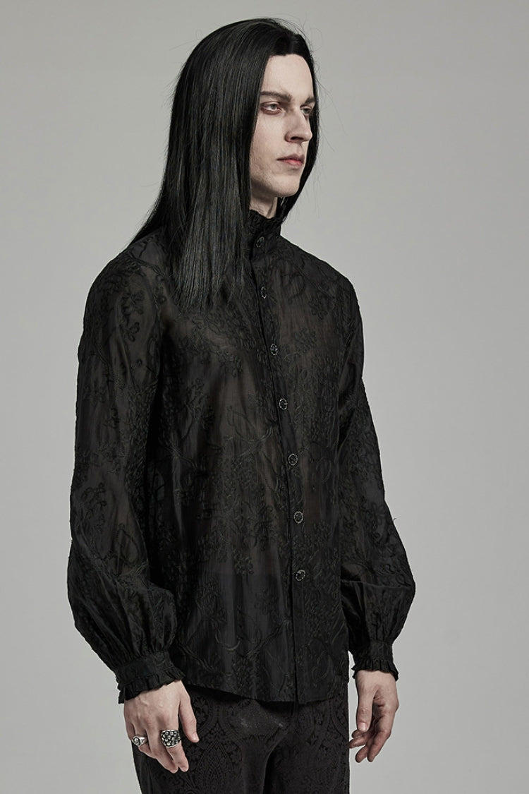 Black Stand Collar Jacquard Embroidery Men's Gothic Blouse - Product - 2