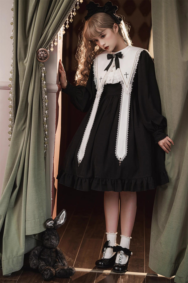 Black Long Sleeves Ruffle Bowknot Classic Gothic Elegant Nun Lolita Dress - Product - 9