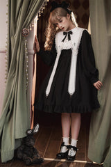 Black Long Sleeves Ruffle Bowknot Classic Gothic Elegant Nun Lolita Dress - Product - 9