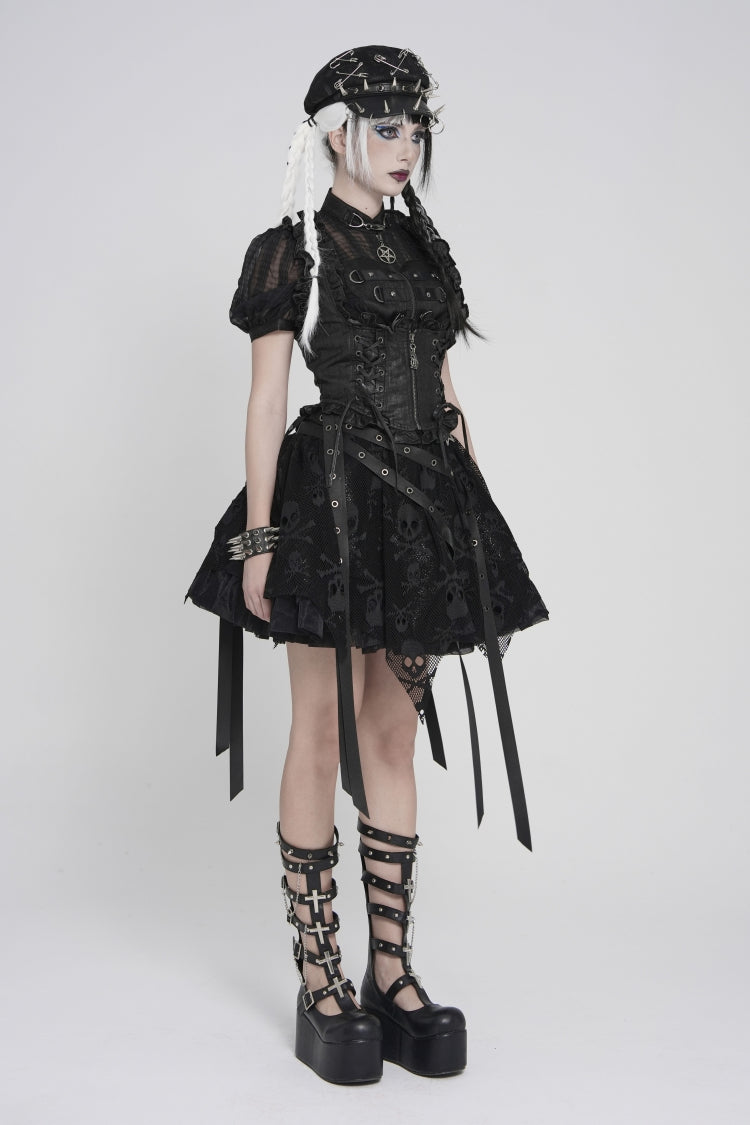 Black Bow Lace-Up Slim Zippered Women's Gothic Swallow-tailed Vest - Product - 2