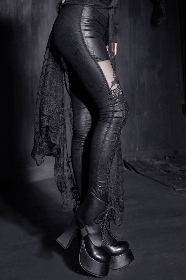 Black Flocking Bind Lace Skinny Women's Gothic Leggings - Product - 2