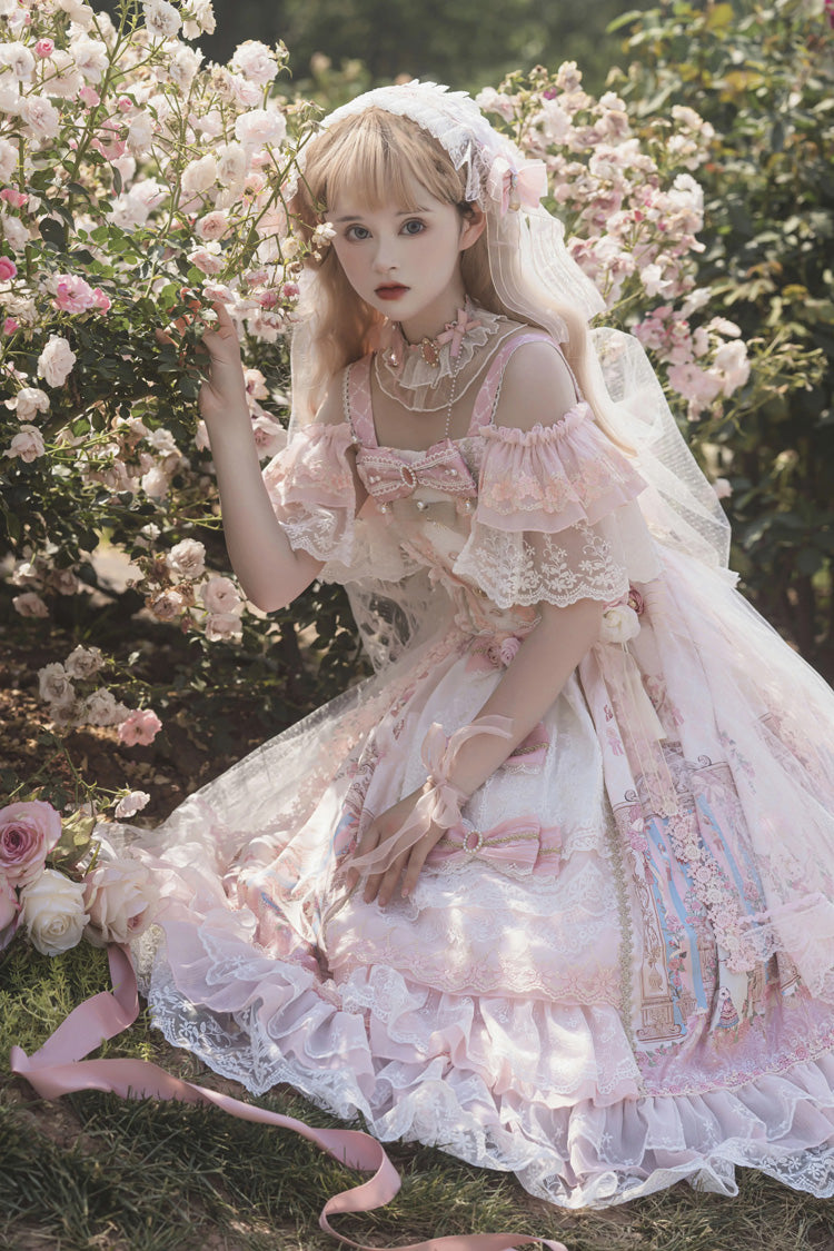 Pink [Moonlight Melody] Off Shoulder Sleeveless Multi-Layered Hanayome Open-Front Bow Lace Sweet Gorgeous Lolita Jsk Dress Set - Product - 6