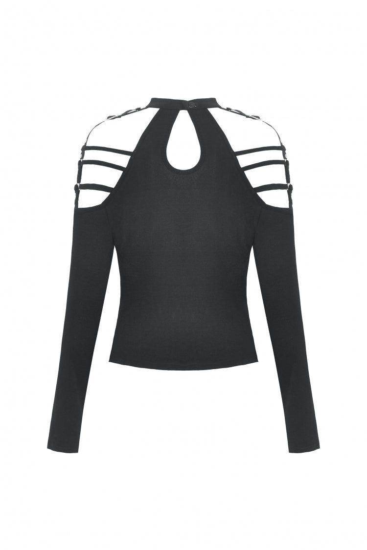 Black Off Shoulder Long Sleeves Cut-Out Buckled Women's Punk Blouse - Product - 15