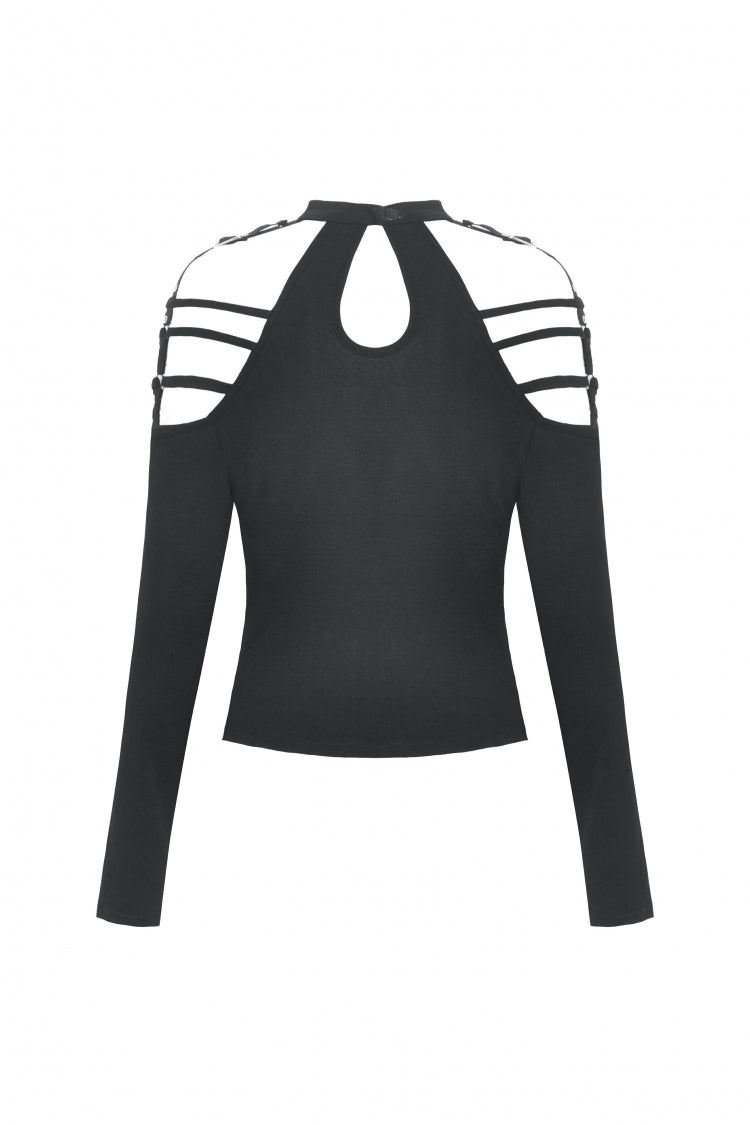 Black Off Shoulder Long Sleeves Cut-Out Buckled Women's Punk Blouse - Product - 15