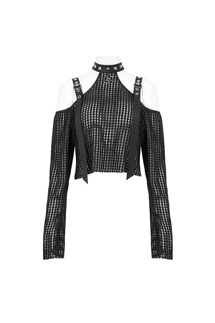 Black Off Shoulder Buckle Sheer Crop Women's Punk Shirt - Product - 7