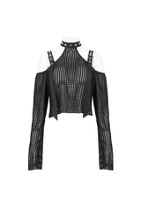Black Off Shoulder Buckle Sheer Crop Women's Punk Shirt - Product - 7