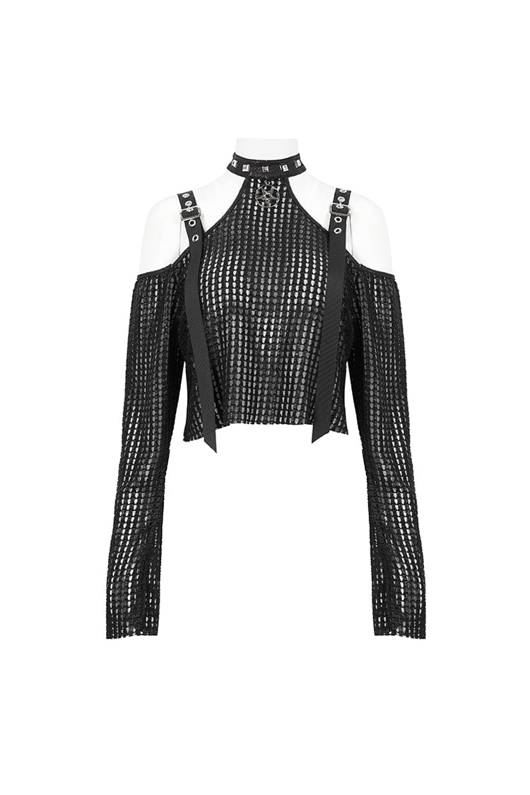 Black Off Shoulder Buckle Sheer Crop Women's Punk Shirt - Product - 7