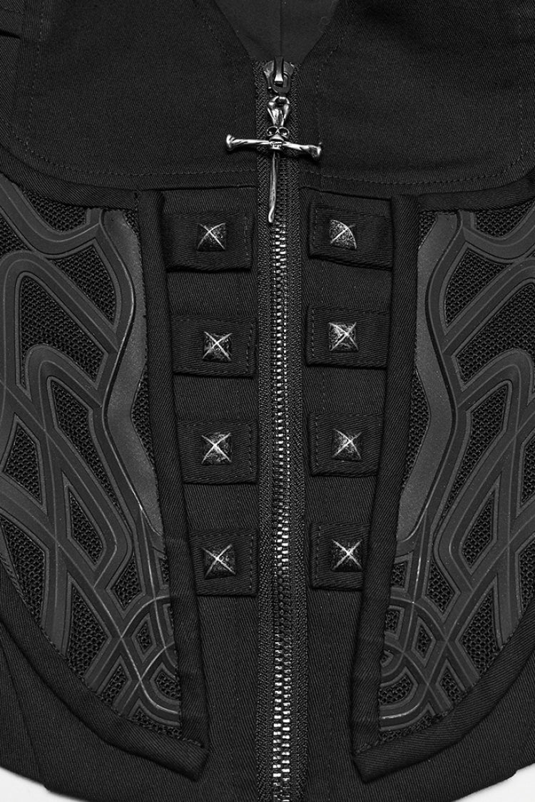 Black V Collar Sleeveless Embossed Printed Studded Zippered Women's Punk Vest - Product - 6