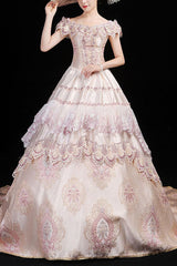 Pink Boat Neck High Waisted Hollow Embroidery Floral Print Multi-Layer Victorian Lolita Prom Dress - Pink - 1