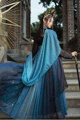 Black/Blue Hot Stamping Embroidered Ancient Flowy Classic Hanfu Dress Full Set - Product - 5