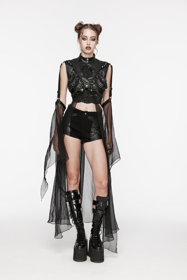 Black Stand Collar Sheer Women's Punk Removable Cape - Product - 6