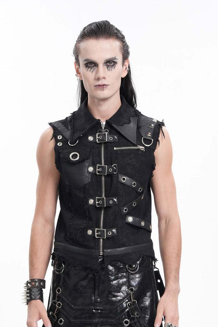 Black Lapel Collar Sleeveless Ripped Buckle Eyelets Men's Gothic Vest - Product - 4