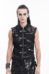 Black Lapel Collar Sleeveless Ripped Buckle Eyelets Men's Gothic Vest - Product - 4