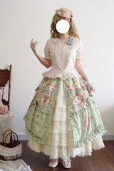 Green [Cat Rose Tea] Print Ruffle Daily Sweet Lolita Skirt - Product - 7