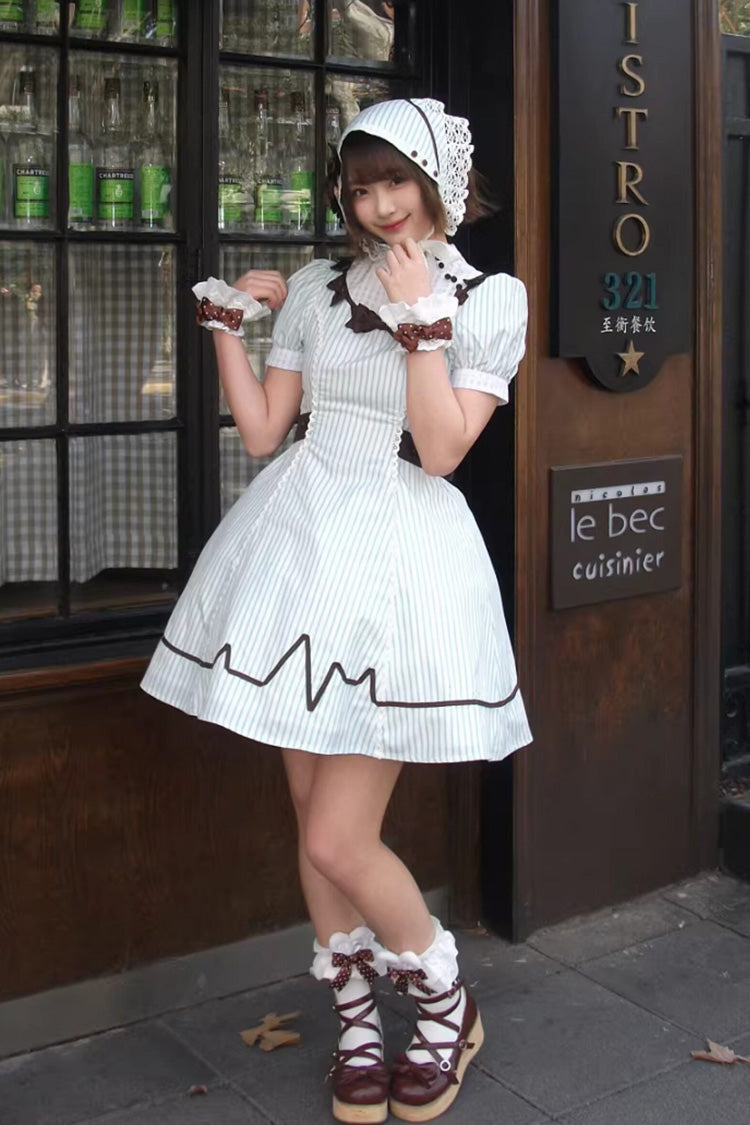 Light Green [Mint Prescription] Stand Collar Short Sleeves Vertical Stripe Printed Bow Sweet Lolita Nurse Dress - Product - 16