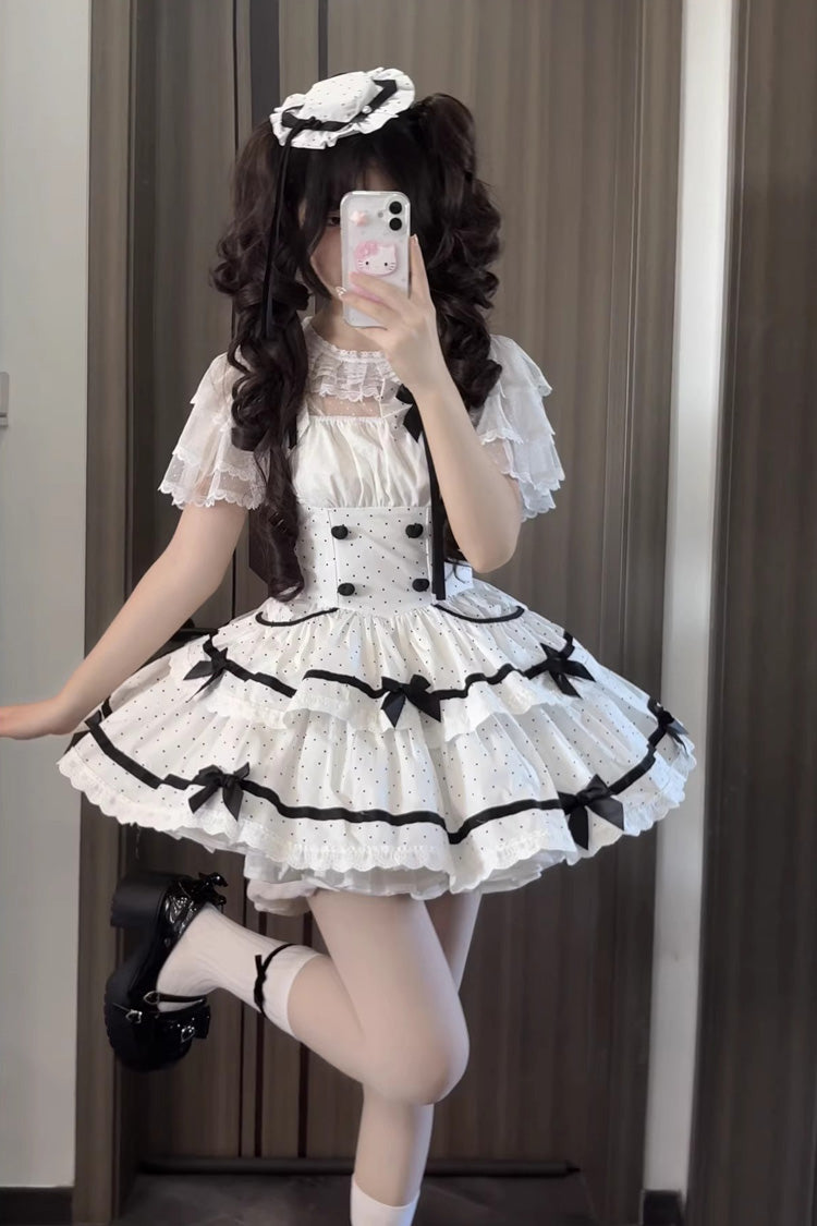 White Pure Cotton Sleeveless Double-Layered Polka Dot Print Ruffle Bowknot Daily Sweet Lolita Jsk Dress - Product - 2