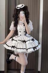 White Pure Cotton Sleeveless Double-Layered Polka Dot Print Ruffle Bowknot Daily Sweet Lolita Jsk Dress - Product - 2