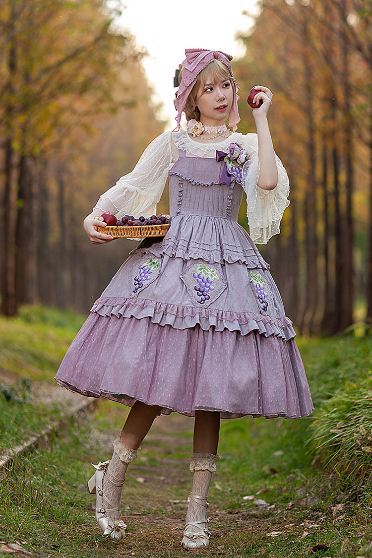 Purple [Vineyard] Sleeveless Jacquard Print Ruffle Embroidery Sweet Lolita Jsk Dress - Product - 3