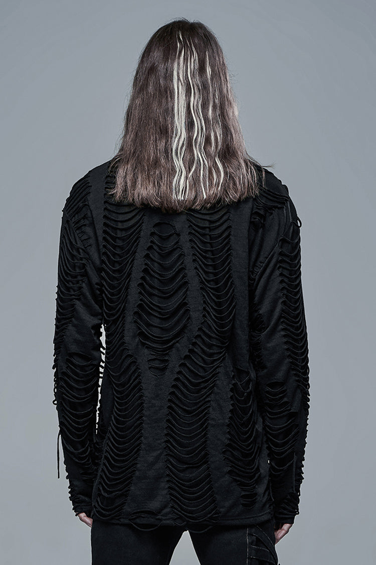 Black Round Collar Long Sleeves Double-Layered Ripped Men's Gothic Blouse - Product - 3